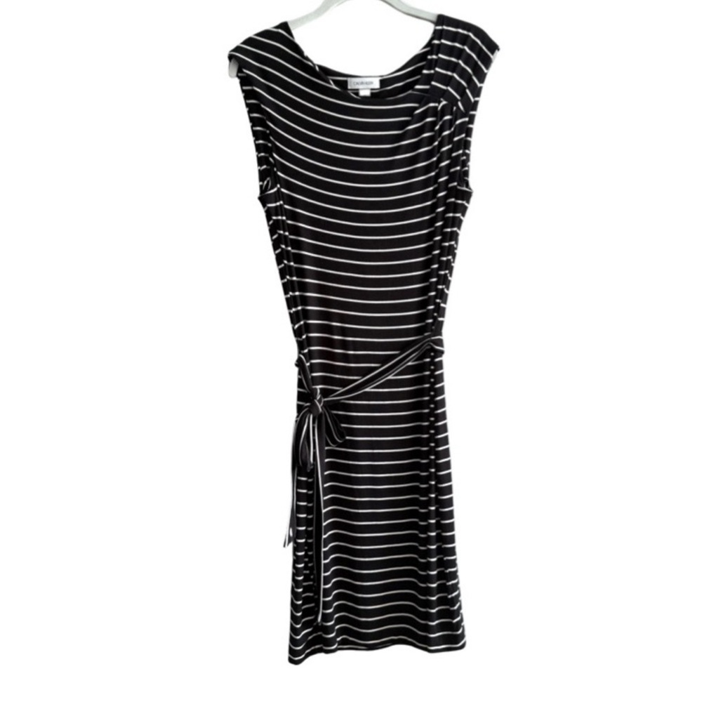 Calvin Klein Sleeveless Belted Dress Stretch Jersey Striped Black White Size 10